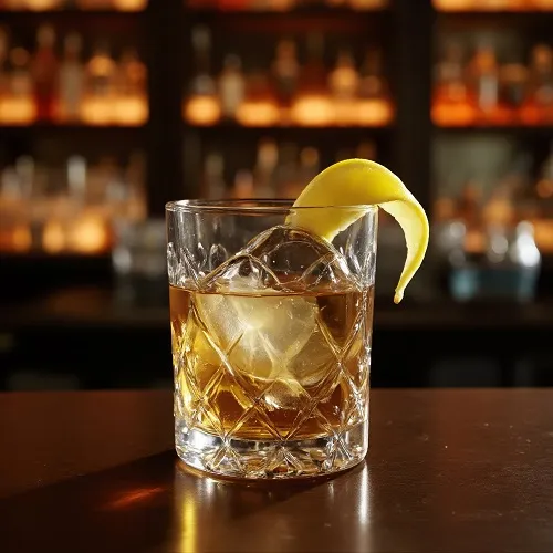 Rusty Nail cocktail with Scotch, Drambuie, and lemon twist in a rocks glass.